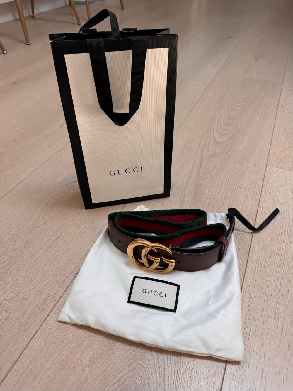 Gucci Brown Leather Belt with Green and Red Web and Gold Double G Buckle 85*34 - Picture 2 of 9